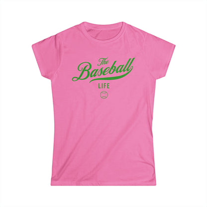 A women's azalea pink cap-sleeve t-shirt with a green The Baseball Life logo printed across the chest.