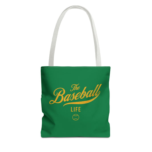 The Baseball Life Tote Bag_Green w Yellow Gold Print