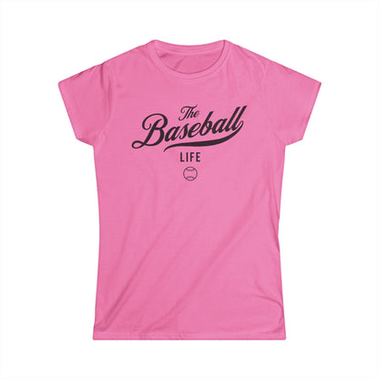 A women's azalea pink cap-sleeve t-shirt with a black The Baseball Life logo printed across the chest.