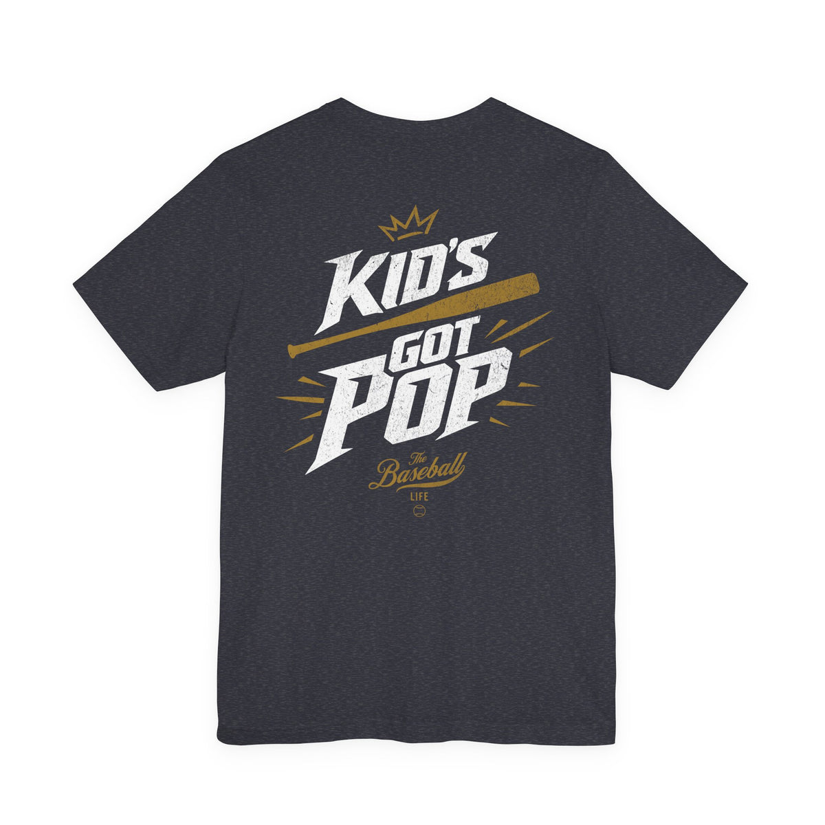 The back of a heather navy baseball t-shirt with the slogan Kid's Got Pop and a baseball bat graphic.