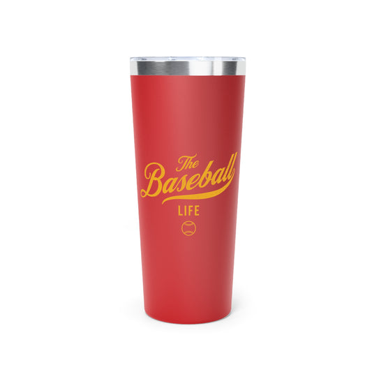 The Baseball Life 22oz Insulated Travel Tumbler_Red w Yellow Gold Print