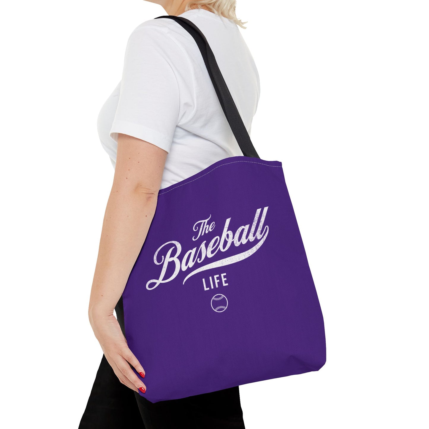 The Baseball Life Tote Bag_Purple w White Print