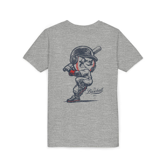 An athletic heather grey t-shirt with a baseball mascot batting and ready to swing.