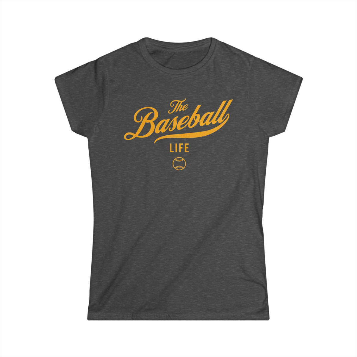 A women's dark heather gray cap-sleeve crewneck t-shirt with a yellow gold logo graphic on the front reading 'The Baseball Life' and a small baseball icon, displayed on a solid white background.