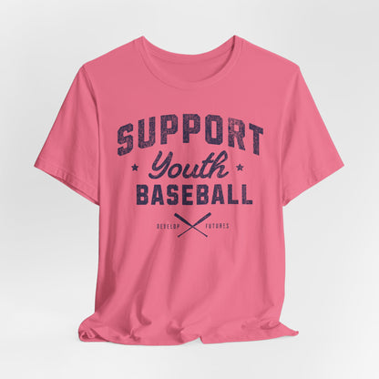 A pink t-shirt with a distressed navy blue graphic on the front that reads SUPPORT YOUTH BASEBALL with crossed bats.