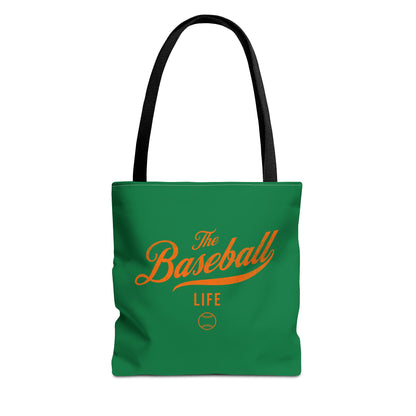 The Baseball Life Tote Bag_Green w Orange Print