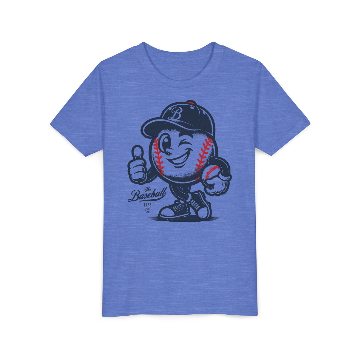 A heather blue t-shirt featuring a vintage cartoon baseball mascot wearing a navy blue baseball cap and giving a thumbs-up.