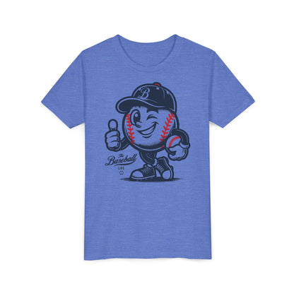 A heather blue t-shirt featuring a vintage cartoon baseball mascot wearing a navy blue baseball cap and giving a thumbs-up.