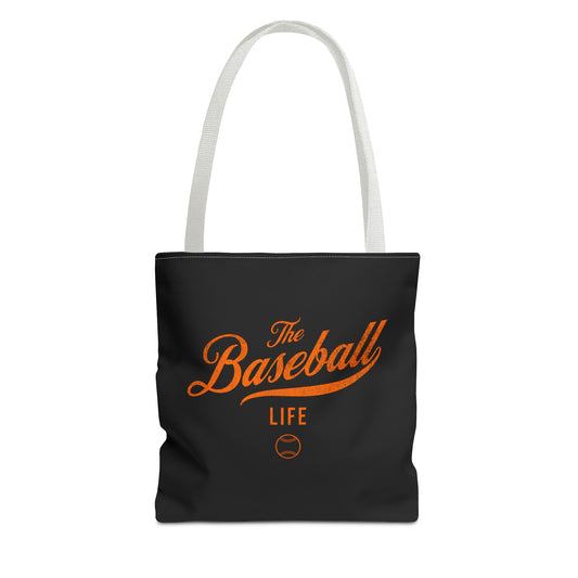 The Baseball Life Tote Bag_Black w Orange Print