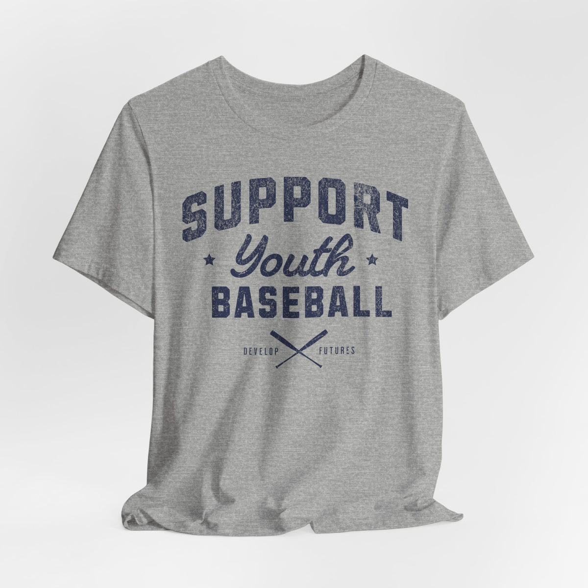 A heather gray t-shirt with a distressed navy blue graphic on the front that reads SUPPORT YOUTH BASEBALL with crossed bats.