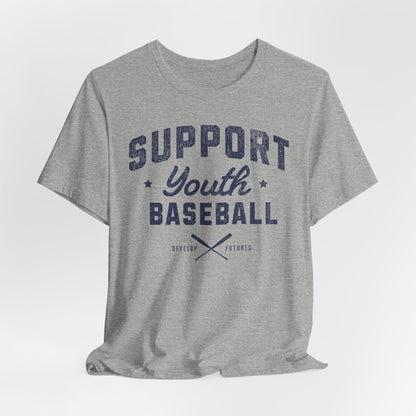 A heather gray t-shirt with a distressed navy blue graphic on the front that reads SUPPORT YOUTH BASEBALL with crossed bats.