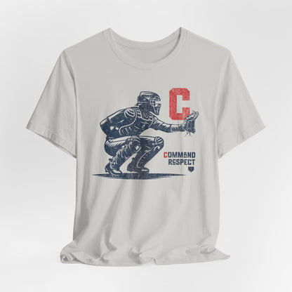 Silver (light grey) t-shirt featuring a baseball catcher and the words COMMAND RESPECT in navy, and a red letter C.