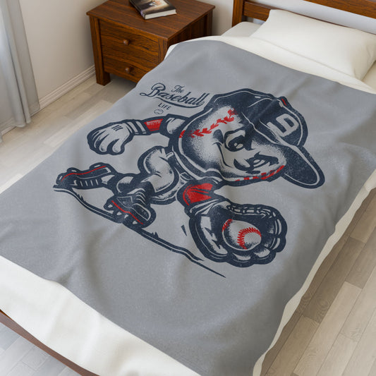 Velveteen Plush Blanket_Mr. Baseball Mascot Fielding
