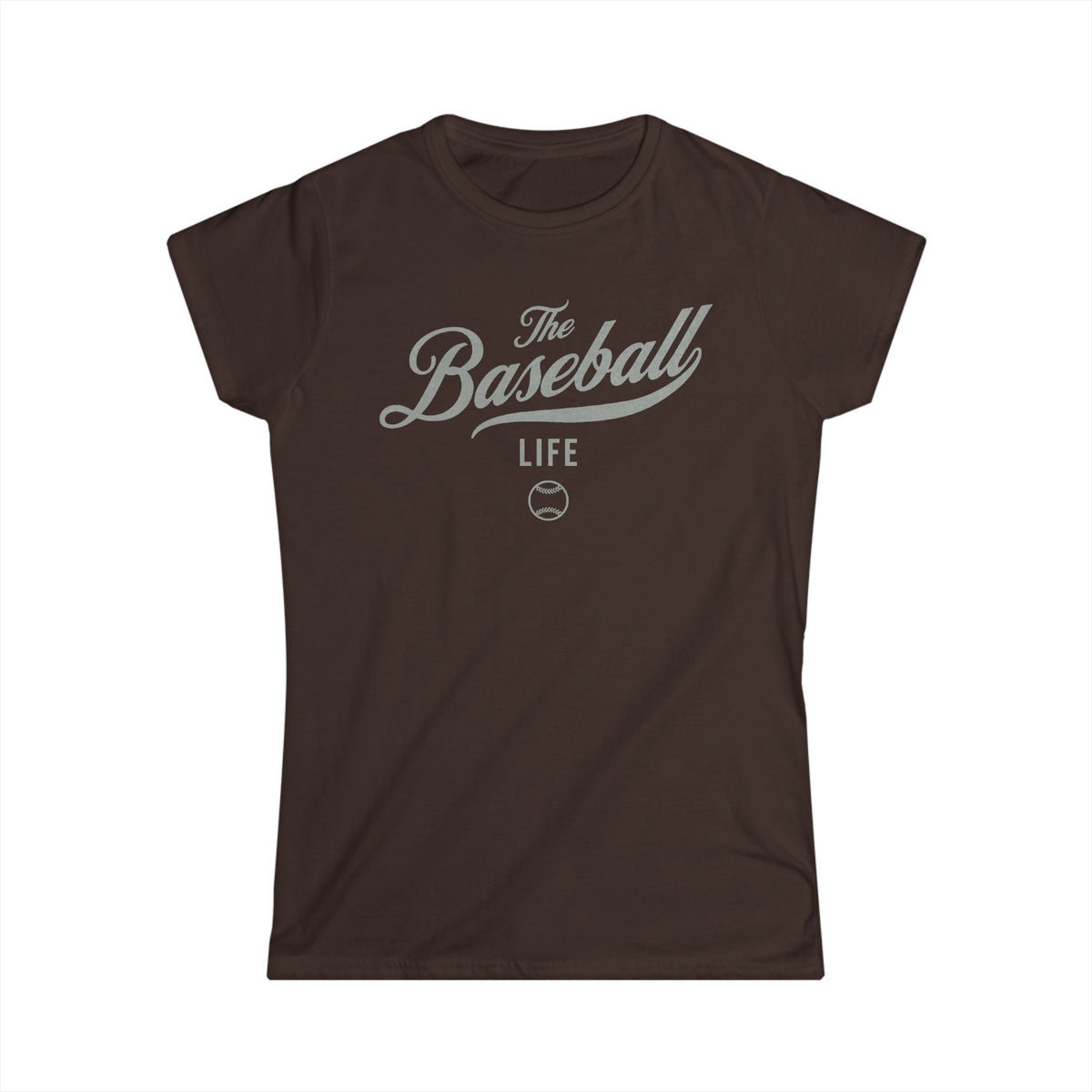 A women's chocolate brown cap-sleeve t-shirt with a silver gray The Baseball Life logo printed across the chest.