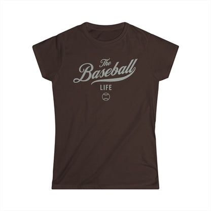 A women's chocolate brown cap-sleeve t-shirt with a silver gray The Baseball Life logo printed across the chest.