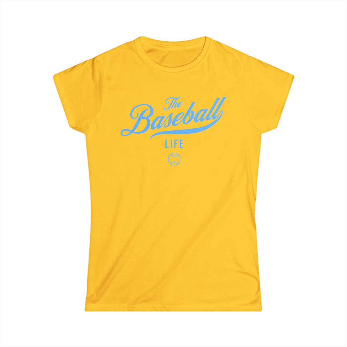 A women's daisy yellow cap-sleeve crewneck t-shirt with a Carolina Blue logo graphic on the front reading 'The Baseball Life' and a small baseball icon, displayed on a solid white background.