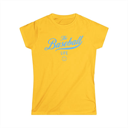 A women's daisy yellow cap-sleeve crewneck t-shirt with a Carolina Blue logo graphic on the front reading 'The Baseball Life' and a small baseball icon, displayed on a solid white background.