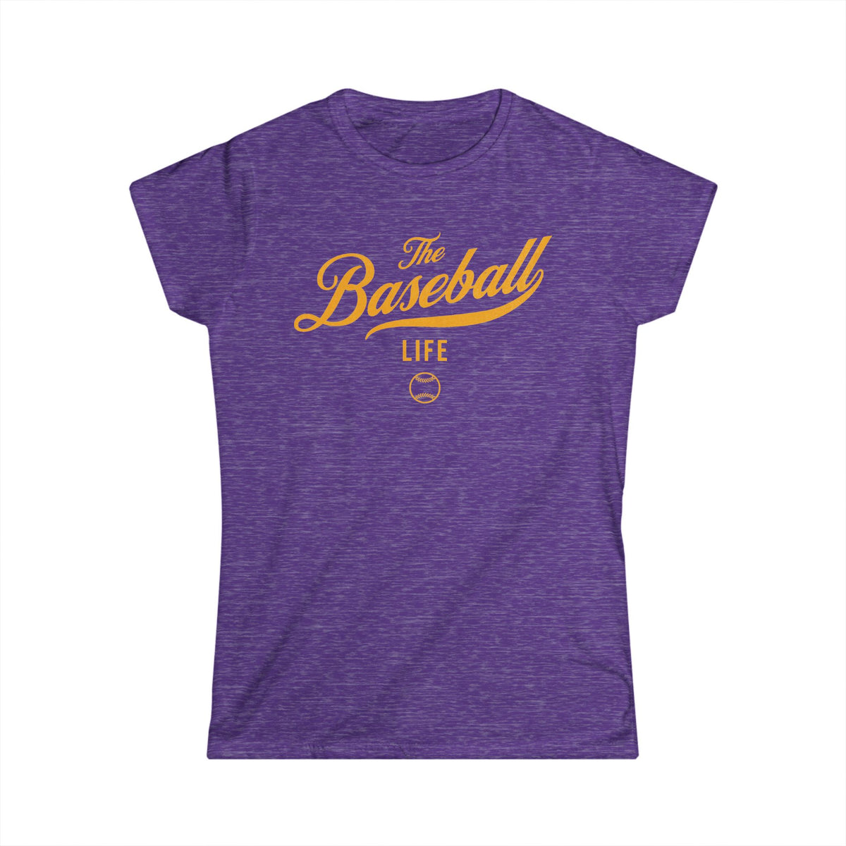 A women's heather purple cap-sleeve crewneck t-shirt with a yellow gold logo graphic on the front reading 'The Baseball Life' and a small baseball icon, displayed on a solid white background.