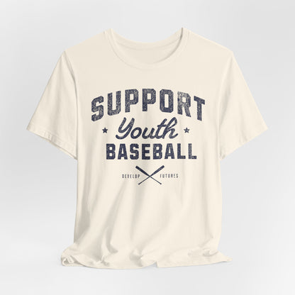 An off white t-shirt with a distressed navy blue graphic on the front that reads SUPPORT YOUTH BASEBALL with crossed bats.
