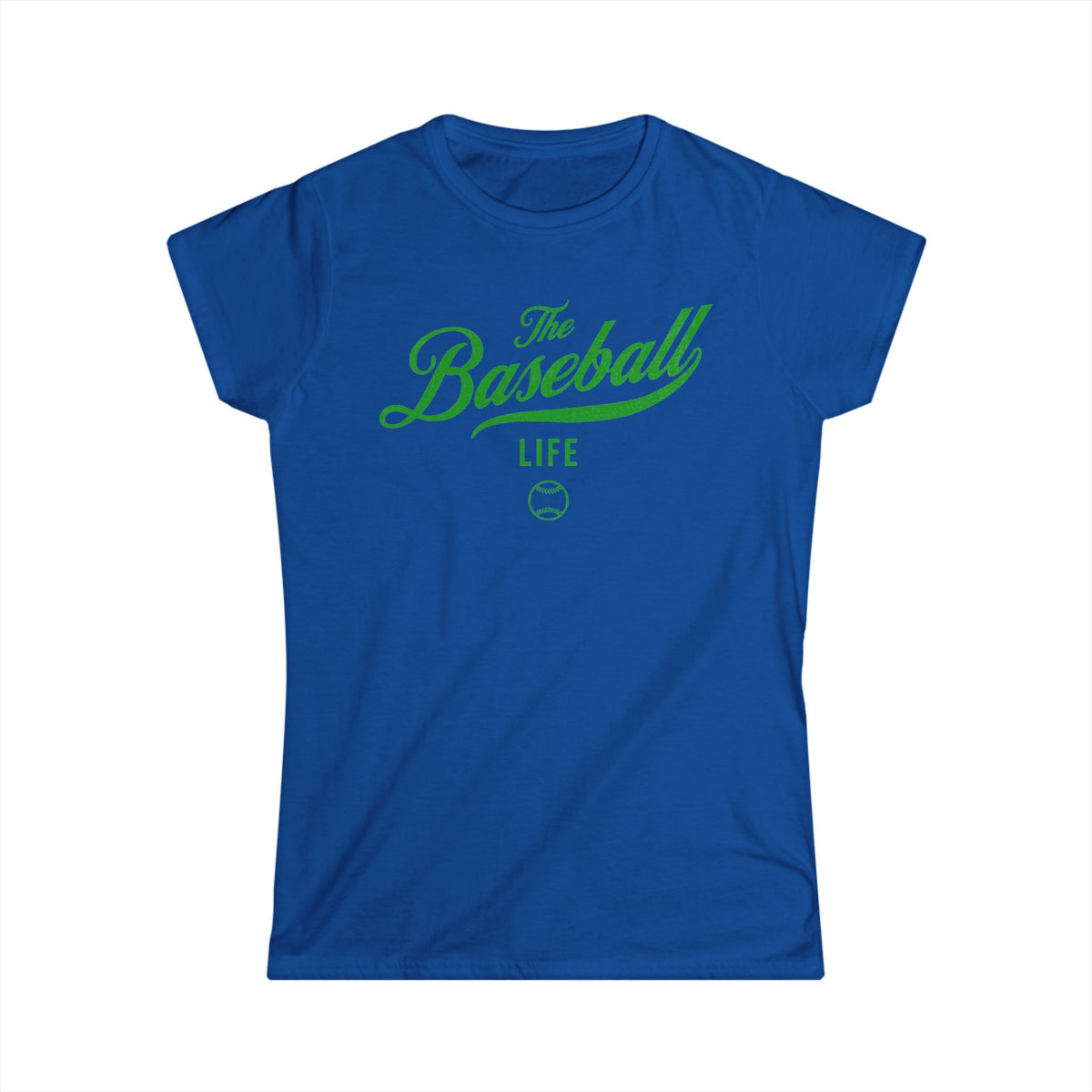 A women's royal blue cap-sleeve t-shirt with a green The Baseball Life logo printed across the chest.