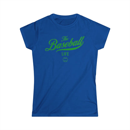 A women's royal blue cap-sleeve t-shirt with a green The Baseball Life logo printed across the chest.