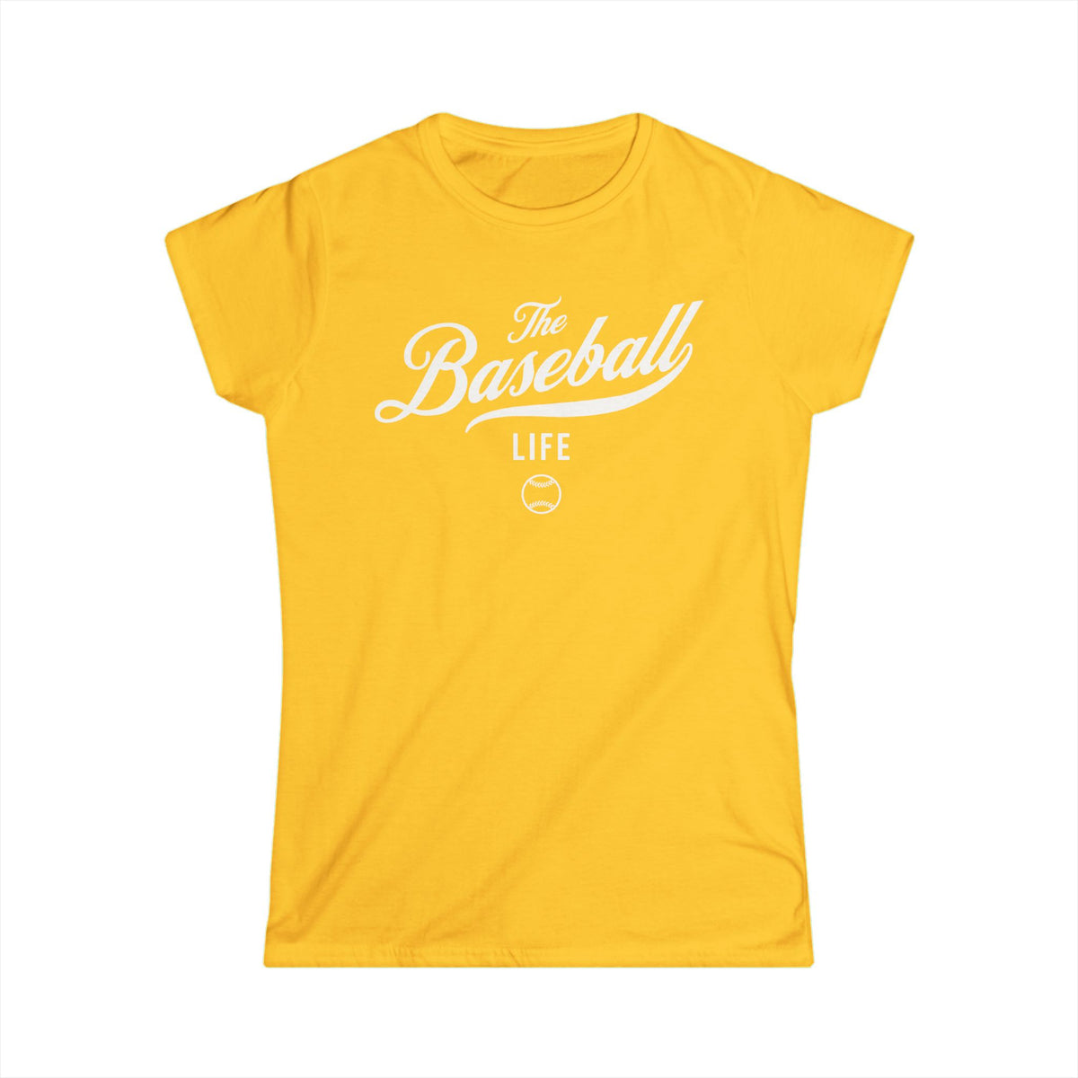 A women's daisy yellow cap-sleeve crewneck t-shirt with a white logo graphic on the front reading 'The Baseball Life' and a small baseball icon, displayed on a solid white background.