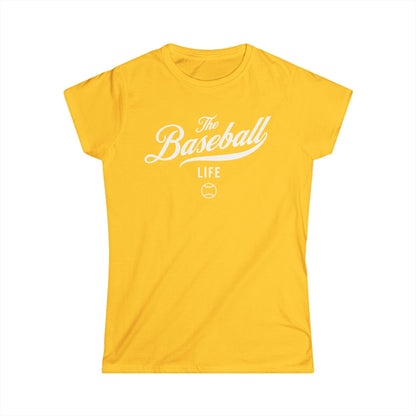 A women's daisy yellow cap-sleeve crewneck t-shirt with a white logo graphic on the front reading 'The Baseball Life' and a small baseball icon, displayed on a solid white background.