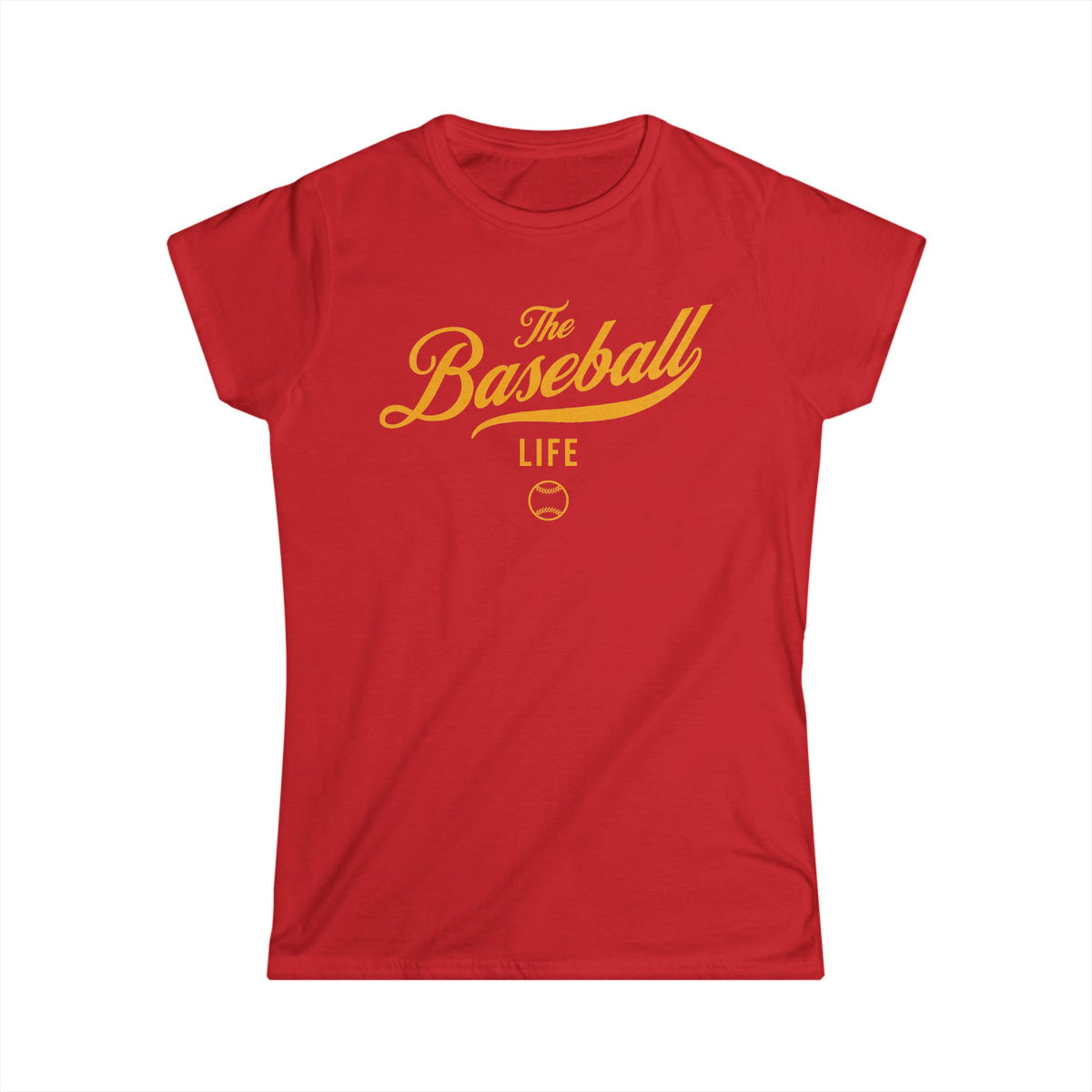 A women's red cap-sleeve crewneck t-shirt with a yellow gold logo graphic on the front reading 'The Baseball Life' and a small baseball icon, displayed on a solid white background.