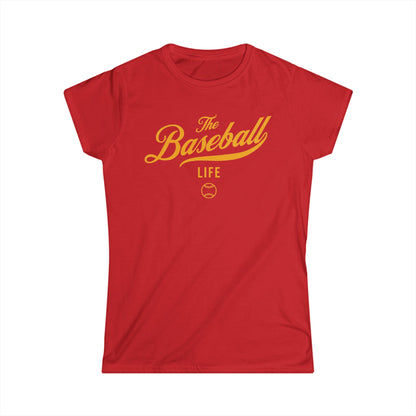A women's red cap-sleeve crewneck t-shirt with a yellow gold logo graphic on the front reading 'The Baseball Life' and a small baseball icon, displayed on a solid white background.