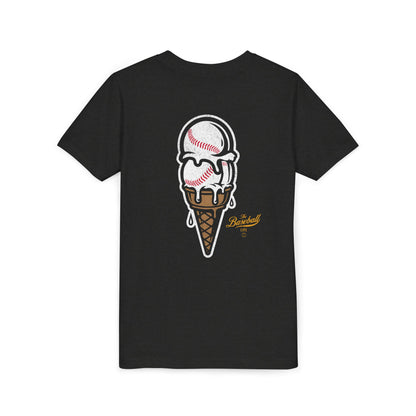 A black heather t-shirt with a dripping double-scoop ice cream cone made of baseballs.