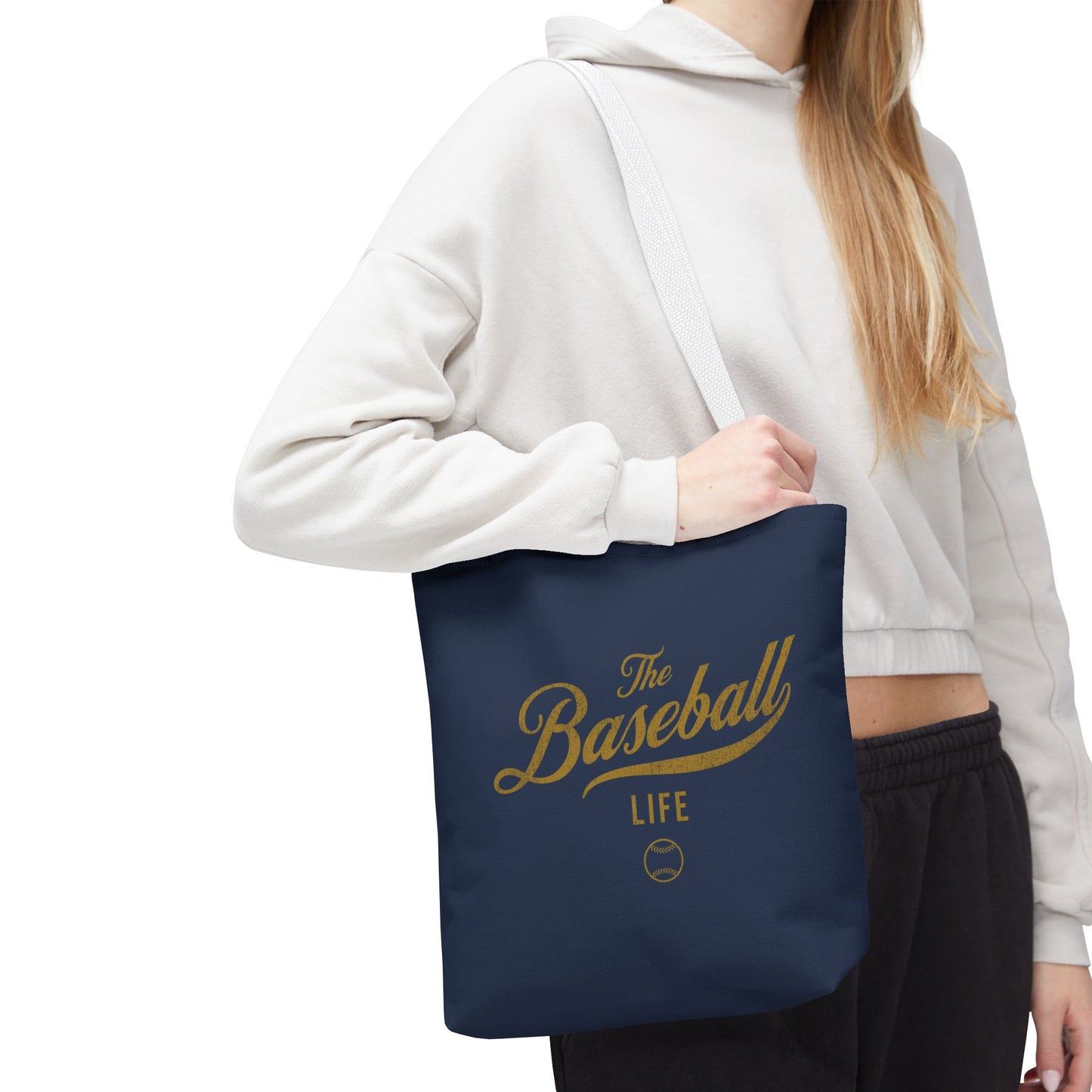 The Baseball Life Tote Bag_Navy w Gold Print