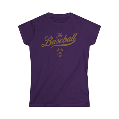 A women's purple cap-sleeve crewneck t-shirt with an Old Gold logo graphic on the front reading 'The Baseball Life' and a small baseball icon, displayed on a solid white background.