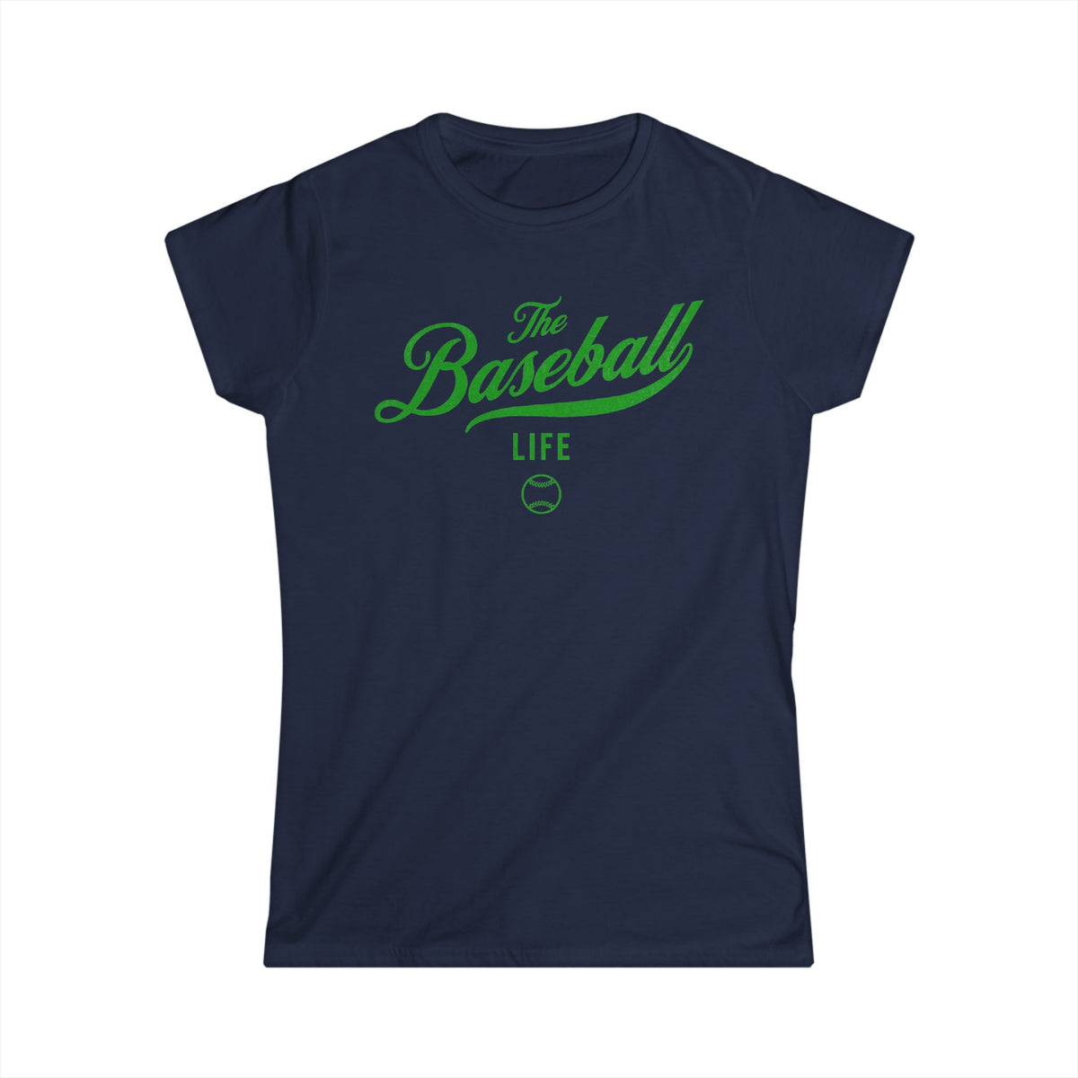 A women's navy cap-sleeve t-shirt with a green The Baseball Life logo printed across the chest.