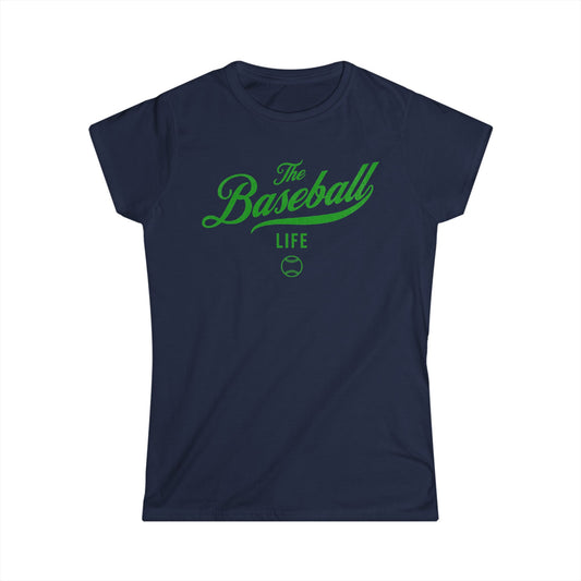 A women's navy cap-sleeve t-shirt with a green The Baseball Life logo printed across the chest.
