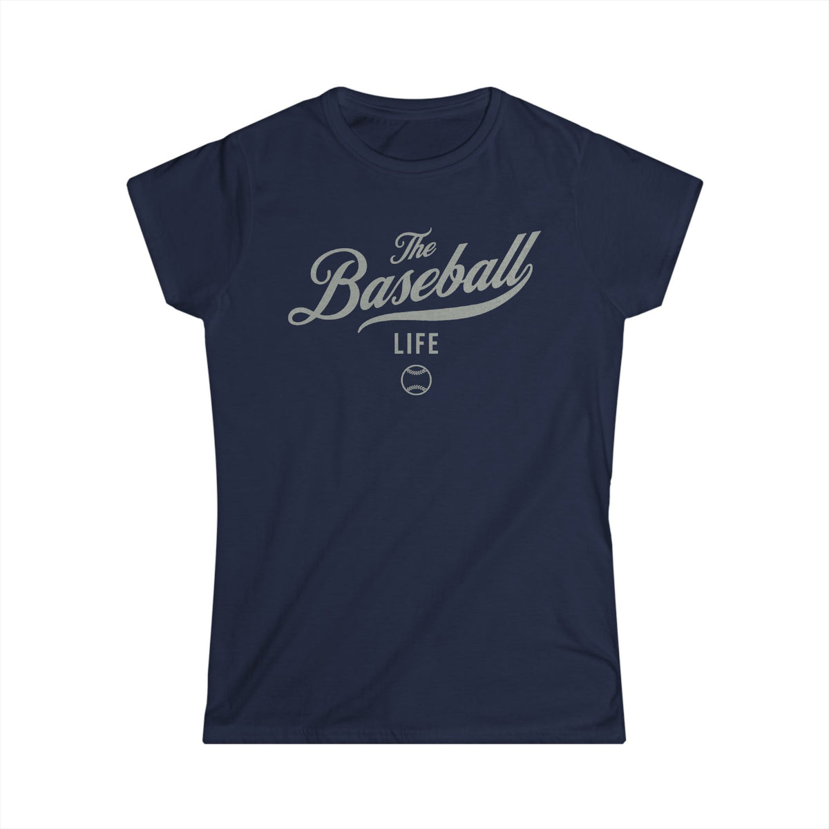 A women's navy cap-sleeve t-shirt with a silver gray The Baseball Life logo printed across the chest.