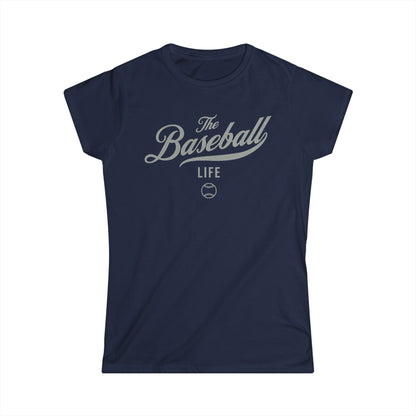 A women's navy cap-sleeve t-shirt with a silver gray The Baseball Life logo printed across the chest.