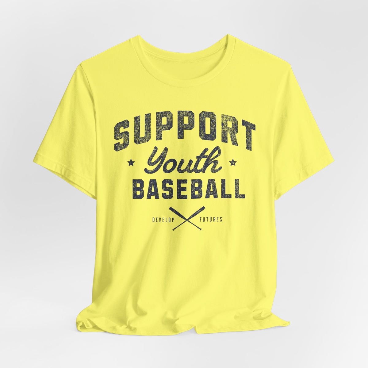 A yellow t-shirt with a distressed navy blue graphic on the front that reads SUPPORT YOUTH BASEBALL with crossed bats.