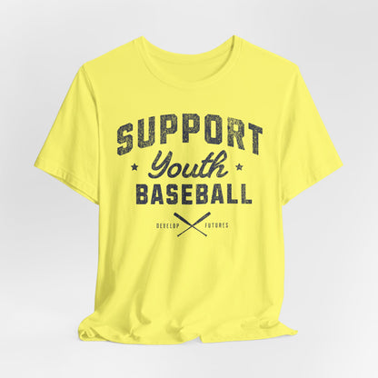 A yellow t-shirt with a distressed navy blue graphic on the front that reads SUPPORT YOUTH BASEBALL with crossed bats.