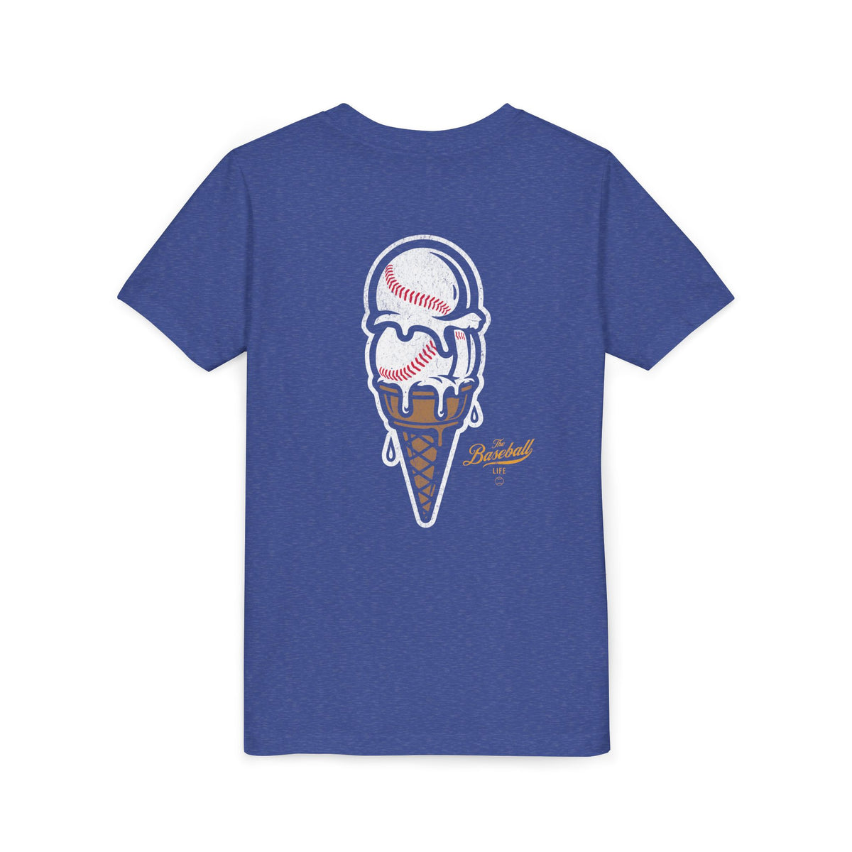 A heather royal blue t-shirt with a dripping double-scoop ice cream cone made of baseballs.