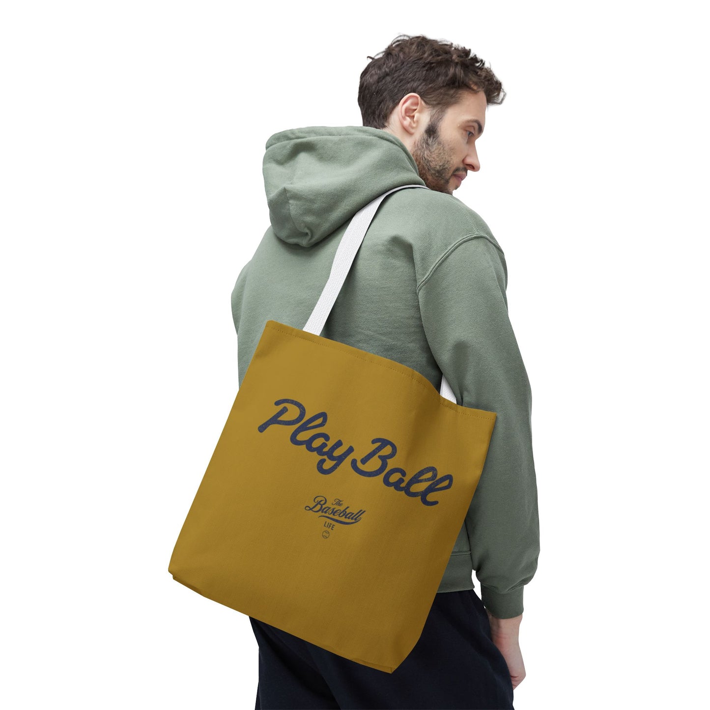 Play Ball Tote Bag_Old Gold with Navy Print