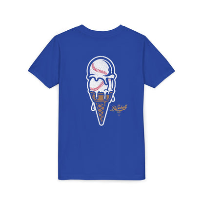 A royal blue t-shirt with a dripping double-scoop ice cream cone made of baseballs.