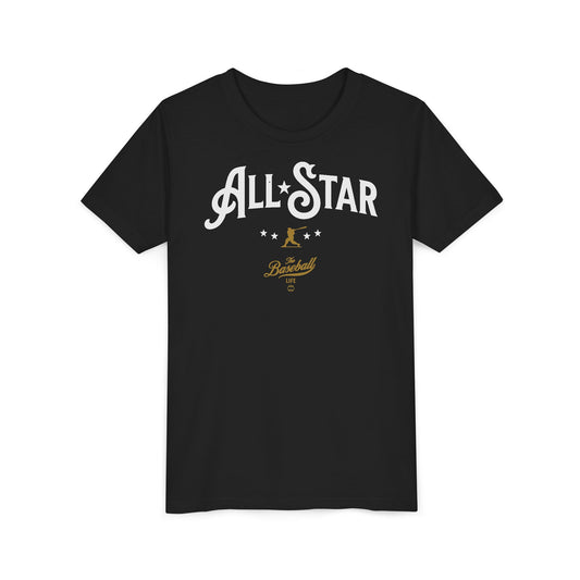A black t-shirt with All-Star in vintage-style lettering across the chest, with a nostalgic baseball player and stars.