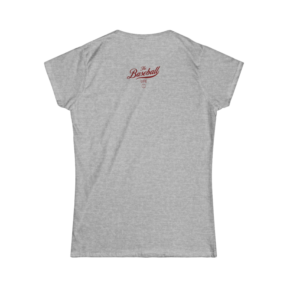A women's sport grey cap-sleeve crewneck t-shirt shown from the back with a maroon graphic reading 'The Baseball Life' and a small baseball icon, displayed on a solid white background.