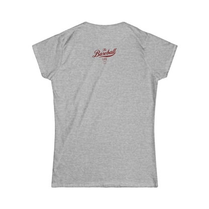A women's sport grey cap-sleeve crewneck t-shirt shown from the back with a maroon graphic reading 'The Baseball Life' and a small baseball icon, displayed on a solid white background.
