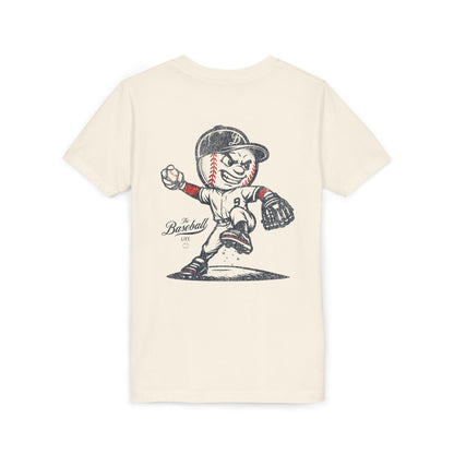 An off-white natural t-shirt with a dynamic cartoon baseball mascot pitching.