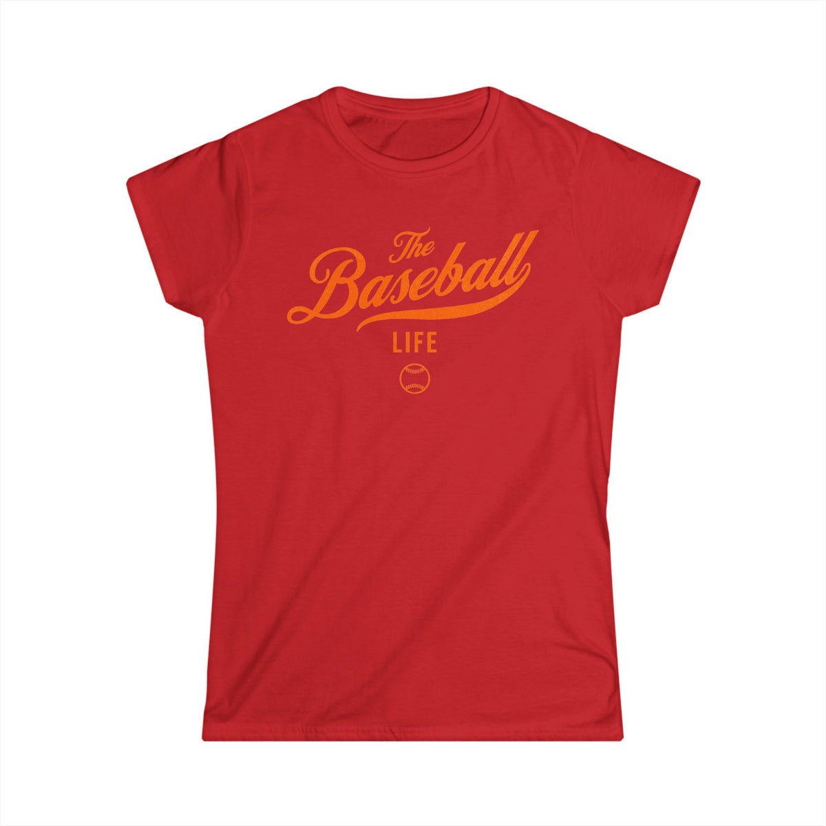 A women's red cap-sleeve t-shirt with an orange The Baseball Life logo printed across the chest.