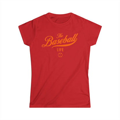 A women's red cap-sleeve t-shirt with an orange The Baseball Life logo printed across the chest.