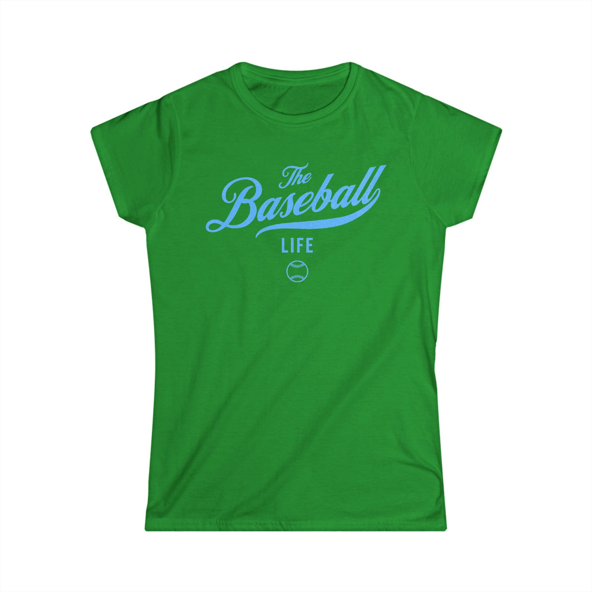 A women's Irish green cap-sleeve crewneck t-shirt with a Carolina Blue logo graphic on the front reading 'The Baseball Life' and a small baseball icon, displayed on a solid white background.