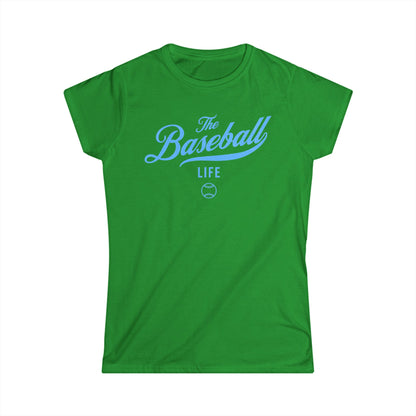 A women's Irish green cap-sleeve crewneck t-shirt with a Carolina Blue logo graphic on the front reading 'The Baseball Life' and a small baseball icon, displayed on a solid white background.