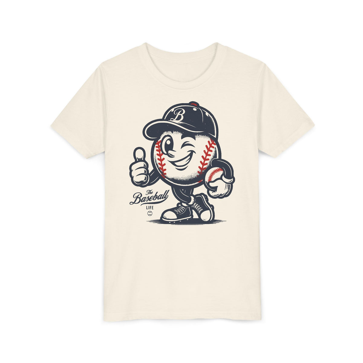A natural t-shirt featuring a vintage cartoon baseball mascot wearing a navy blue baseball cap and giving a thumbs-up.